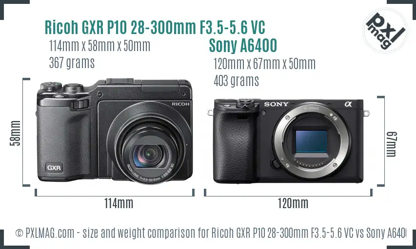 Ricoh GXR P10 28-300mm F3.5-5.6 VC vs Sony A6400 size comparison