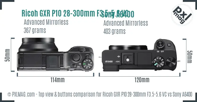 Ricoh GXR P10 28-300mm F3.5-5.6 VC vs Sony A6400 top view buttons comparison