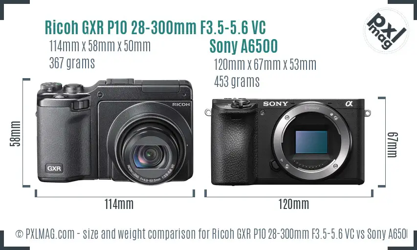 Ricoh GXR P10 28-300mm F3.5-5.6 VC vs Sony A6500 size comparison