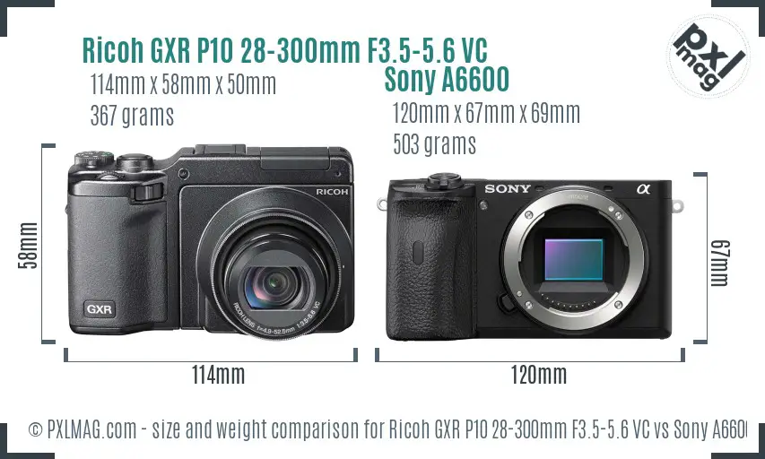 Ricoh GXR P10 28-300mm F3.5-5.6 VC vs Sony A6600 size comparison