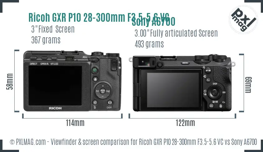Ricoh GXR P10 28-300mm F3.5-5.6 VC vs Sony A6700 Screen and Viewfinder comparison