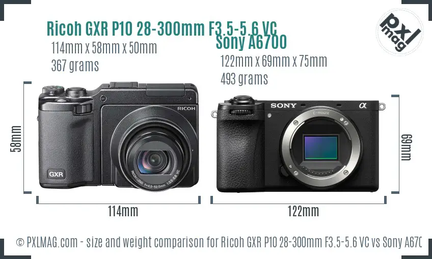 Ricoh GXR P10 28-300mm F3.5-5.6 VC vs Sony A6700 size comparison