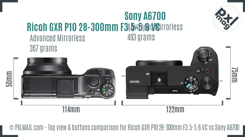 Ricoh GXR P10 28-300mm F3.5-5.6 VC vs Sony A6700 top view buttons comparison