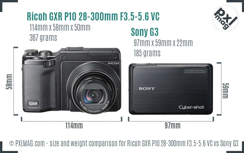 Ricoh GXR P10 28-300mm F3.5-5.6 VC vs Sony G3 size comparison