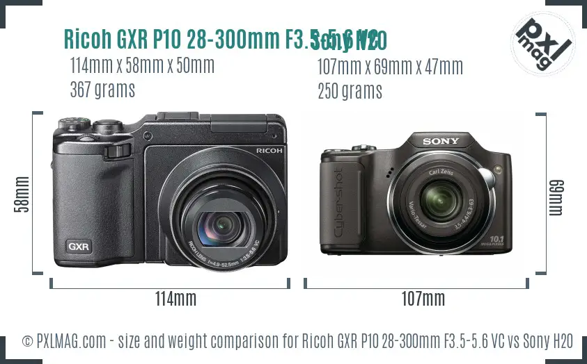 Ricoh GXR P10 28-300mm F3.5-5.6 VC vs Sony H20 size comparison