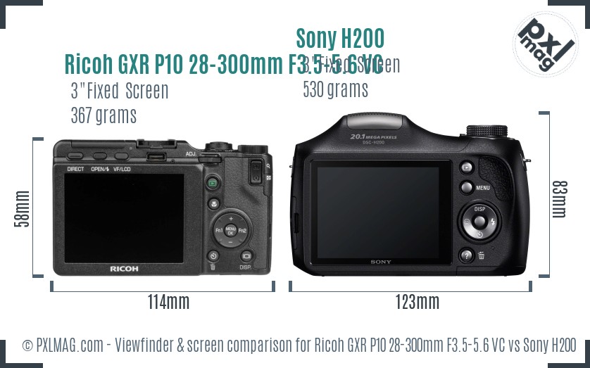 Ricoh GXR P10 28-300mm F3.5-5.6 VC vs Sony H200 Screen and Viewfinder comparison