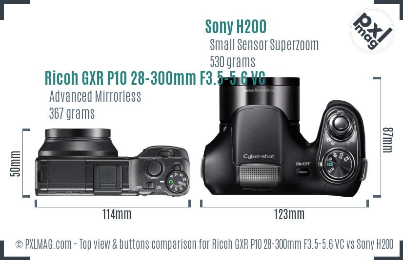 Ricoh GXR P10 28-300mm F3.5-5.6 VC vs Sony H200 top view buttons comparison