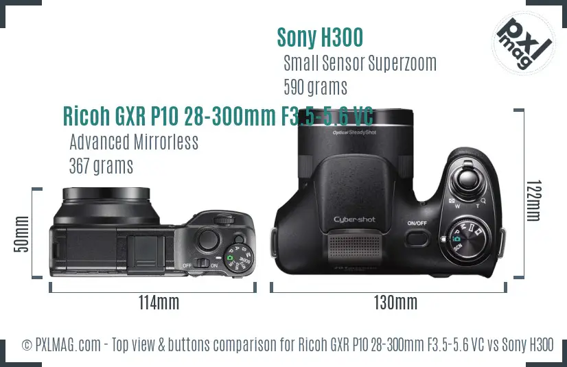 Ricoh GXR P10 28-300mm F3.5-5.6 VC vs Sony H300 top view buttons comparison Ricoh GXR P10 28-300mm F3.5-5.6 VC vs Sony H300 top view buttons comparison