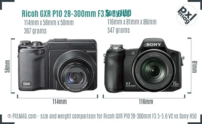 Ricoh GXR P10 28-300mm F3.5-5.6 VC vs Sony H50 size comparison