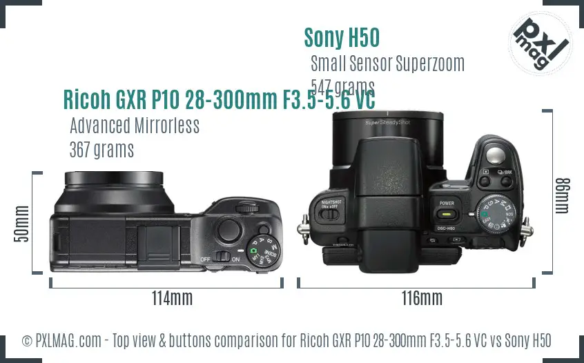 Ricoh GXR P10 28-300mm F3.5-5.6 VC vs Sony H50 top view buttons comparison