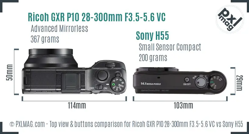 Ricoh GXR P10 28-300mm F3.5-5.6 VC vs Sony H55 top view buttons comparison