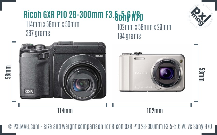 Ricoh GXR P10 28-300mm F3.5-5.6 VC vs Sony H70 size comparison