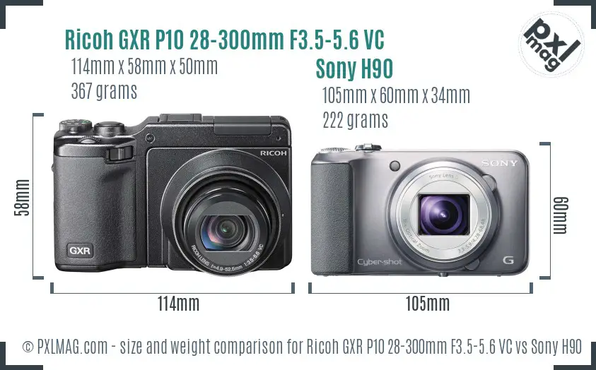 Ricoh GXR P10 28-300mm F3.5-5.6 VC vs Sony H90 size comparison