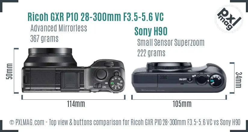 Ricoh GXR P10 28-300mm F3.5-5.6 VC vs Sony H90 top view buttons comparison