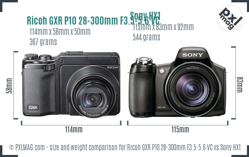 Ricoh GXR P10 28-300mm F3.5-5.6 VC vs Sony HX1 size comparison