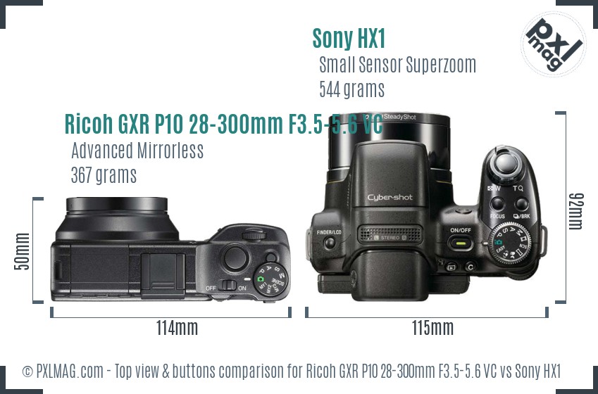 Ricoh GXR P10 28-300mm F3.5-5.6 VC vs Sony HX1 top view buttons comparison