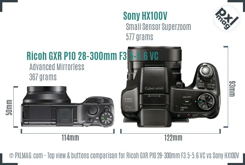 Ricoh GXR P10 28-300mm F3.5-5.6 VC vs Sony HX100V top view buttons comparison