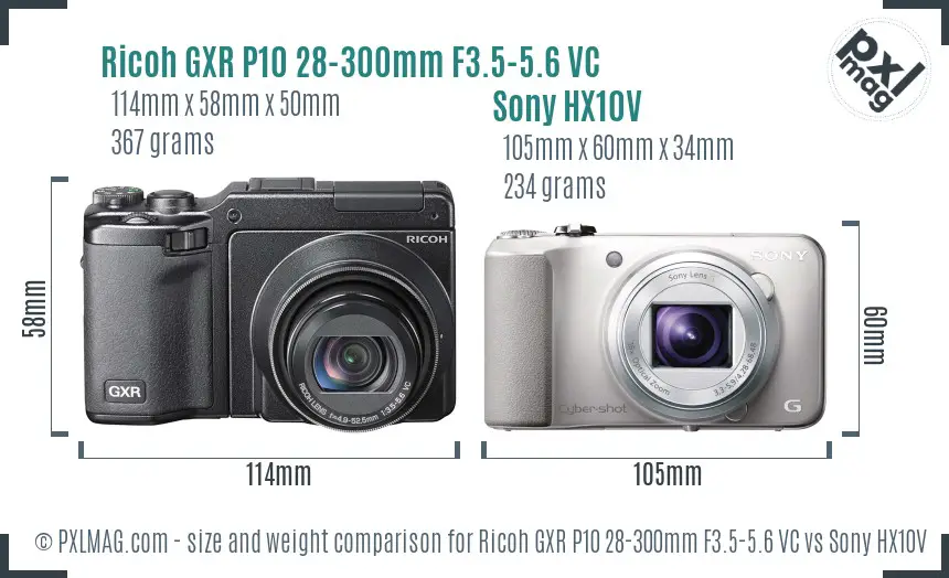 Ricoh GXR P10 28-300mm F3.5-5.6 VC vs Sony HX10V size comparison Ricoh GXR P10 28-300mm F3.5-5.6 VC vs Sony HX10V size comparison