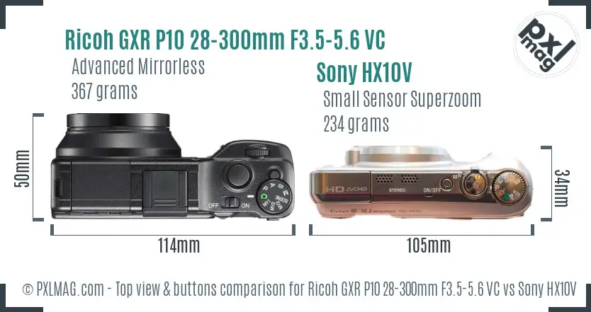 Ricoh GXR P10 28-300mm F3.5-5.6 VC vs Sony HX10V top view buttons comparison Ricoh GXR P10 28-300mm F3.5-5.6 VC vs Sony HX10V top view buttons comparison
