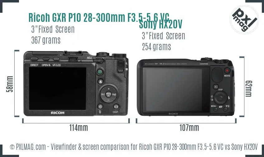 Ricoh GXR P10 28-300mm F3.5-5.6 VC vs Sony HX20V Screen and Viewfinder comparison