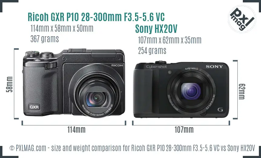 Ricoh GXR P10 28-300mm F3.5-5.6 VC vs Sony HX20V size comparison