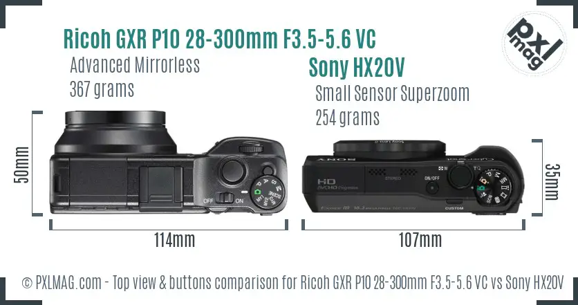 Ricoh GXR P10 28-300mm F3.5-5.6 VC vs Sony HX20V top view buttons comparison