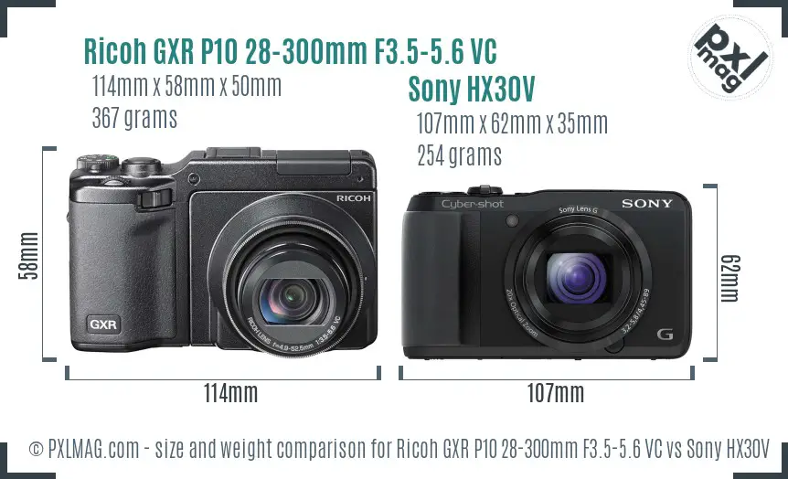 Ricoh GXR P10 28-300mm F3.5-5.6 VC vs Sony HX30V size comparison