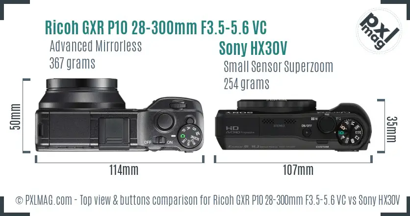Ricoh GXR P10 28-300mm F3.5-5.6 VC vs Sony HX30V top view buttons comparison