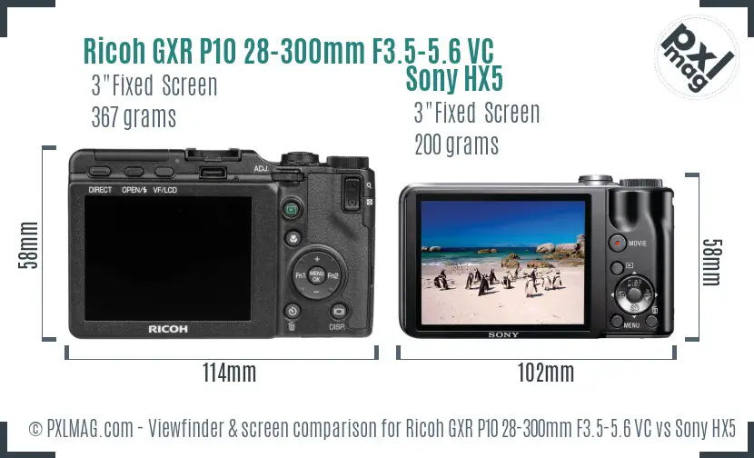 Ricoh GXR P10 28-300mm F3.5-5.6 VC vs Sony HX5 Screen and Viewfinder comparison