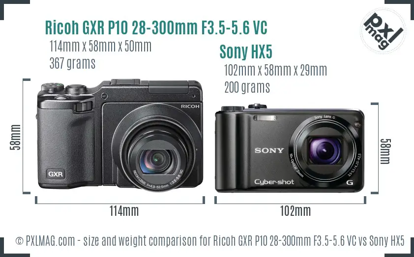 Ricoh GXR P10 28-300mm F3.5-5.6 VC vs Sony HX5 size comparison