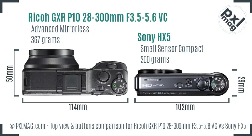 Ricoh GXR P10 28-300mm F3.5-5.6 VC vs Sony HX5 top view buttons comparison