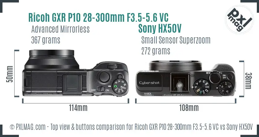 Ricoh GXR P10 28-300mm F3.5-5.6 VC vs Sony HX50V top view buttons comparison Ricoh GXR P10 28-300mm F3.5-5.6 VC vs Sony HX50V top view buttons comparison
