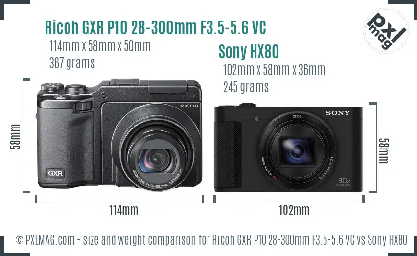 Ricoh GXR P10 28-300mm F3.5-5.6 VC vs Sony HX80 size comparison
