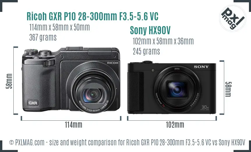 Ricoh GXR P10 28-300mm F3.5-5.6 VC vs Sony HX90V size comparison