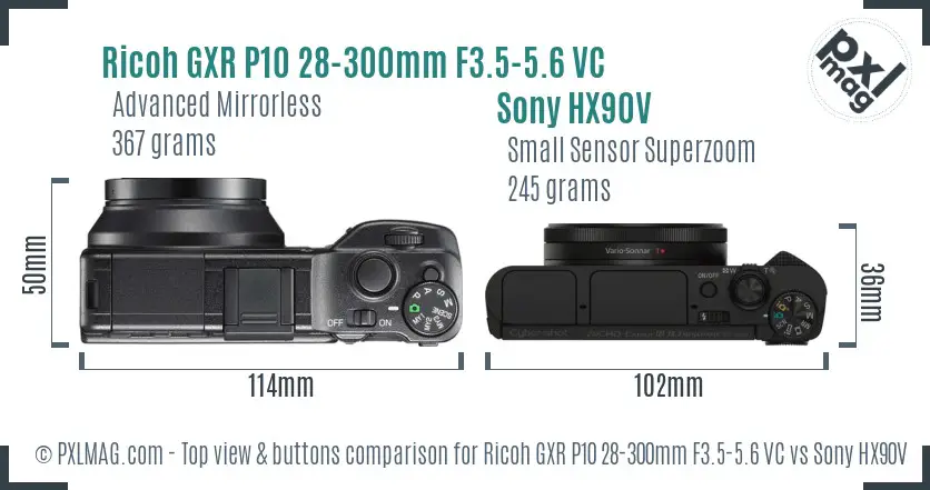 Ricoh GXR P10 28-300mm F3.5-5.6 VC vs Sony HX90V top view buttons comparison