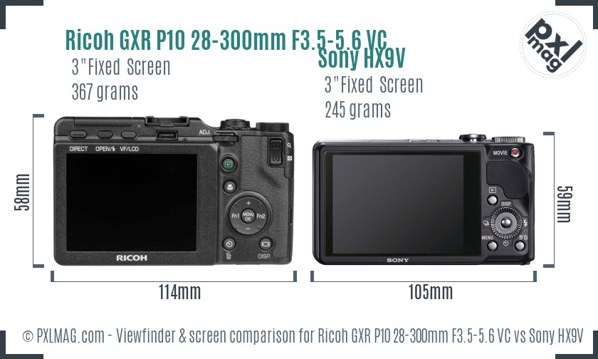 Ricoh GXR P10 28-300mm F3.5-5.6 VC vs Sony HX9V Screen and Viewfinder comparison