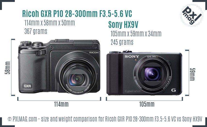 Ricoh GXR P10 28-300mm F3.5-5.6 VC vs Sony HX9V size comparison