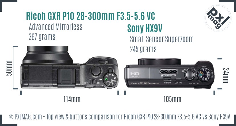 Ricoh GXR P10 28-300mm F3.5-5.6 VC vs Sony HX9V top view buttons comparison