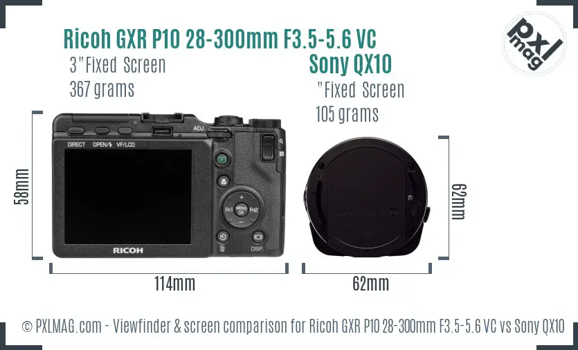 Ricoh GXR P10 28-300mm F3.5-5.6 VC vs Sony QX10 Screen and Viewfinder comparison