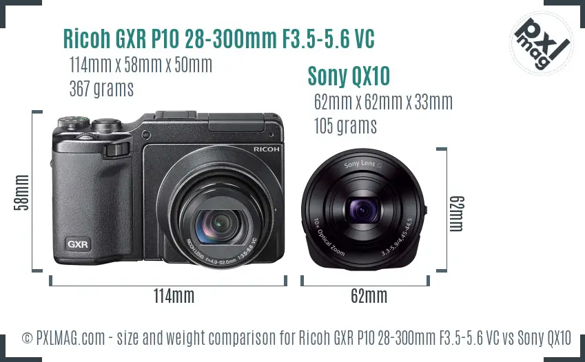 Ricoh GXR P10 28-300mm F3.5-5.6 VC vs Sony QX10 size comparison