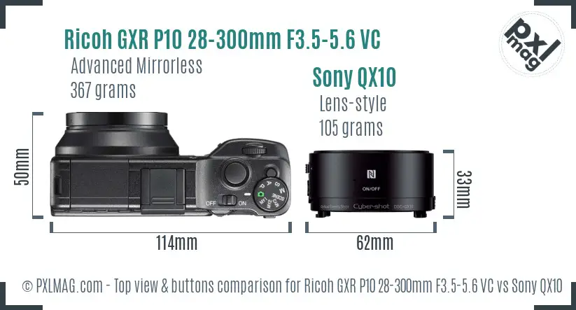 Ricoh GXR P10 28-300mm F3.5-5.6 VC vs Sony QX10 top view buttons comparison