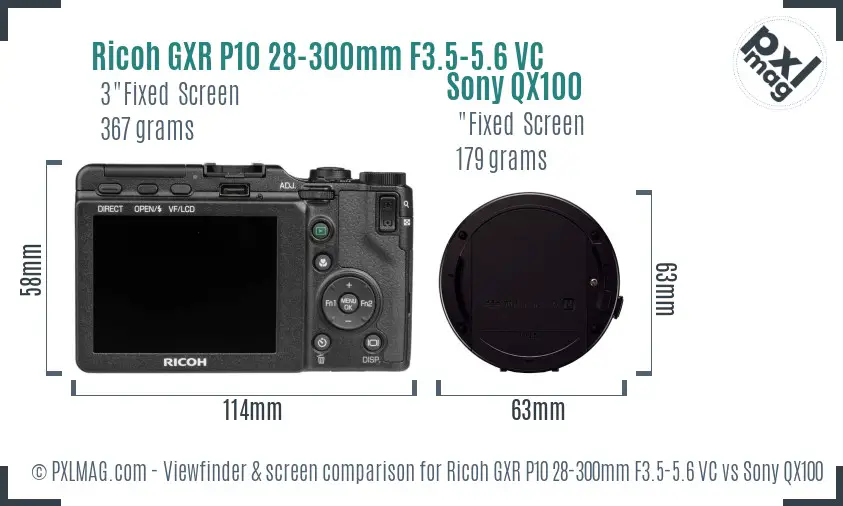 Ricoh GXR P10 28-300mm F3.5-5.6 VC vs Sony QX100 Screen and Viewfinder comparison