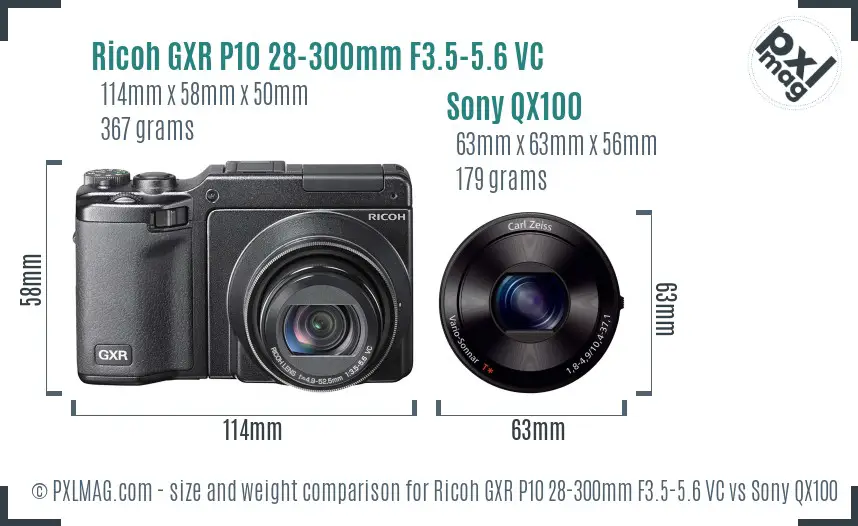 Ricoh GXR P10 28-300mm F3.5-5.6 VC vs Sony QX100 size comparison