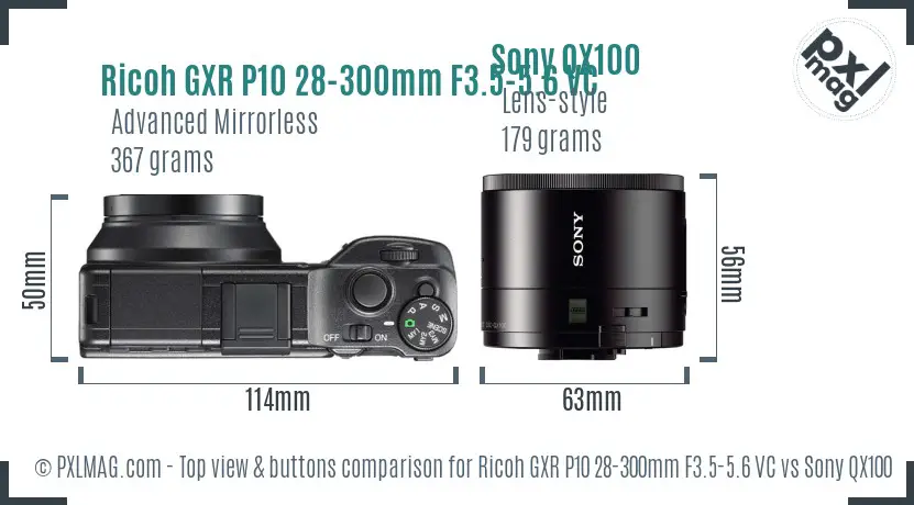 Ricoh GXR P10 28-300mm F3.5-5.6 VC vs Sony QX100 top view buttons comparison