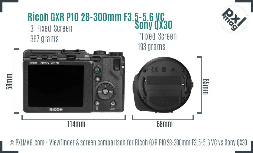 Ricoh GXR P10 28-300mm F3.5-5.6 VC vs Sony QX30 Screen and Viewfinder comparison