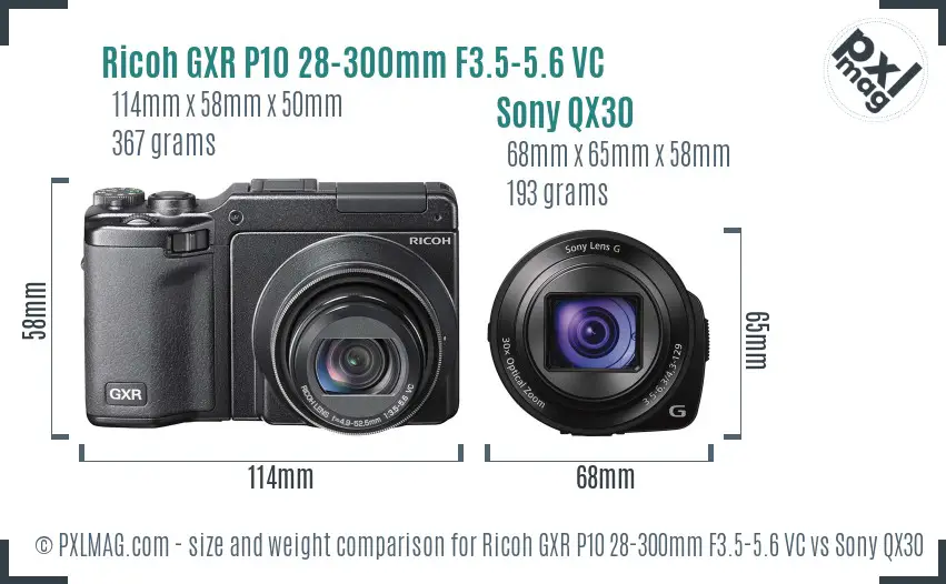 Ricoh GXR P10 28-300mm F3.5-5.6 VC vs Sony QX30 size comparison