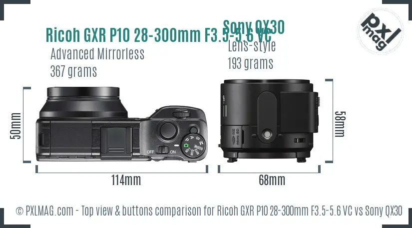 Ricoh GXR P10 28-300mm F3.5-5.6 VC vs Sony QX30 top view buttons comparison