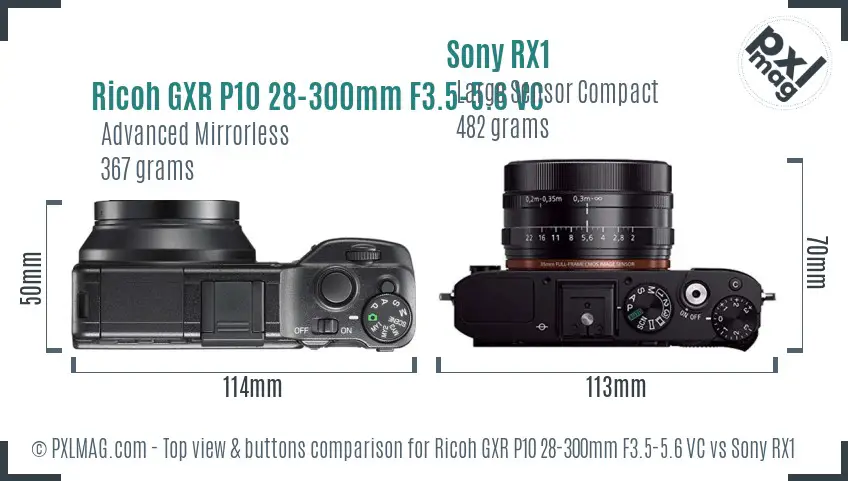 Ricoh GXR P10 28-300mm F3.5-5.6 VC vs Sony RX1 top view buttons comparison Ricoh GXR P10 28-300mm F3.5-5.6 VC vs Sony RX1 top view buttons comparison