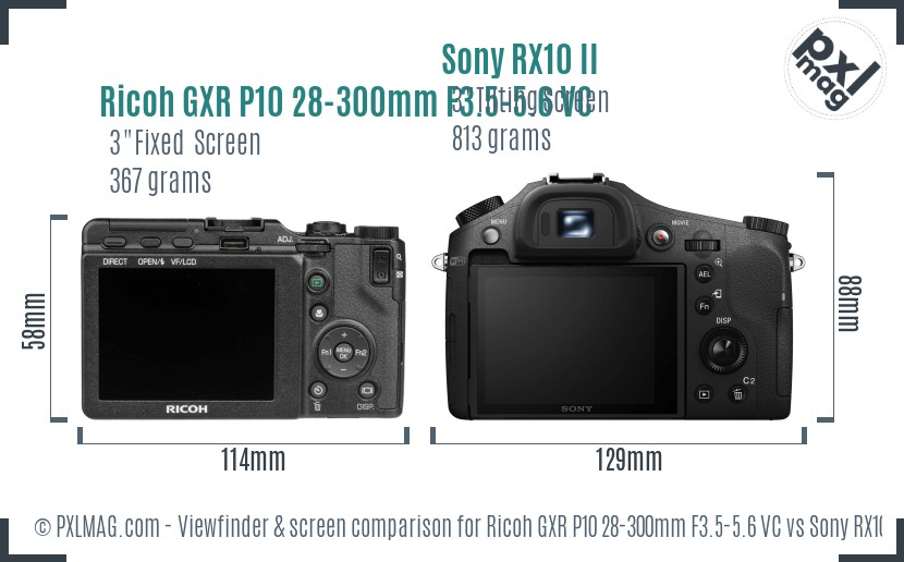 Ricoh GXR P10 28-300mm F3.5-5.6 VC vs Sony RX10 II Screen and Viewfinder comparison
