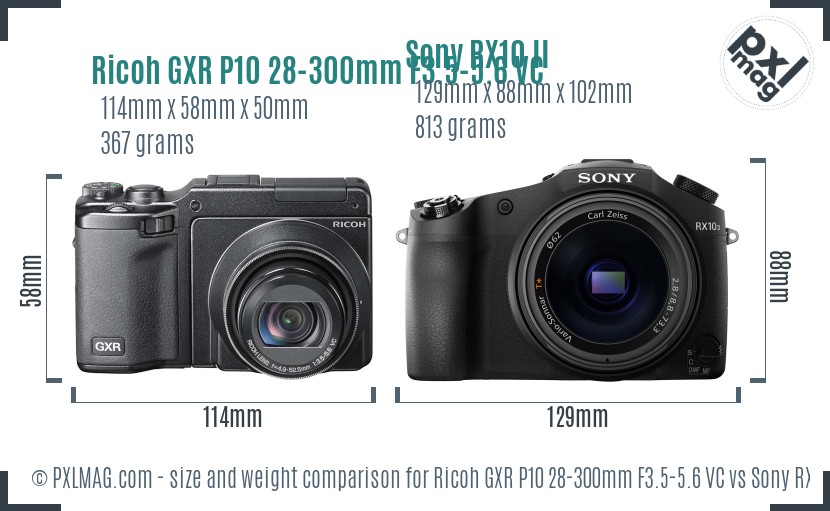 Ricoh GXR P10 28-300mm F3.5-5.6 VC vs Sony RX10 II size comparison